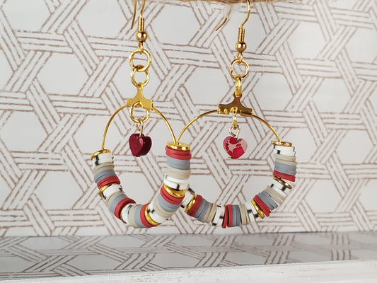 Heishi Bead Hoop Earrings - Hearts - Red/Taupe/White/Gray