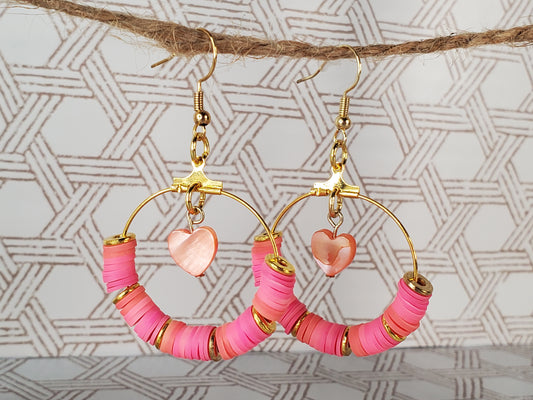 Heishi Bead Hoop Earrings - Hearts - Pinks