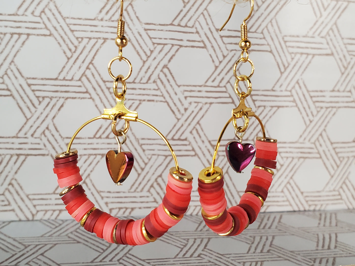 Heishi Bead Hoop Earrings - Hearts - Pink/Red/Purple