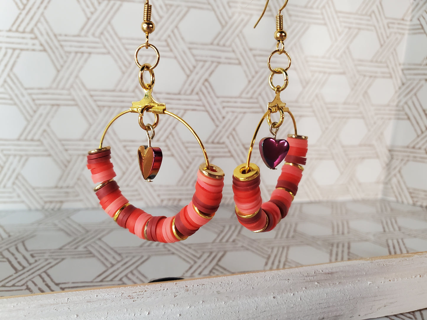 Heishi Bead Hoop Earrings - Hearts - Pink/Red/Purple