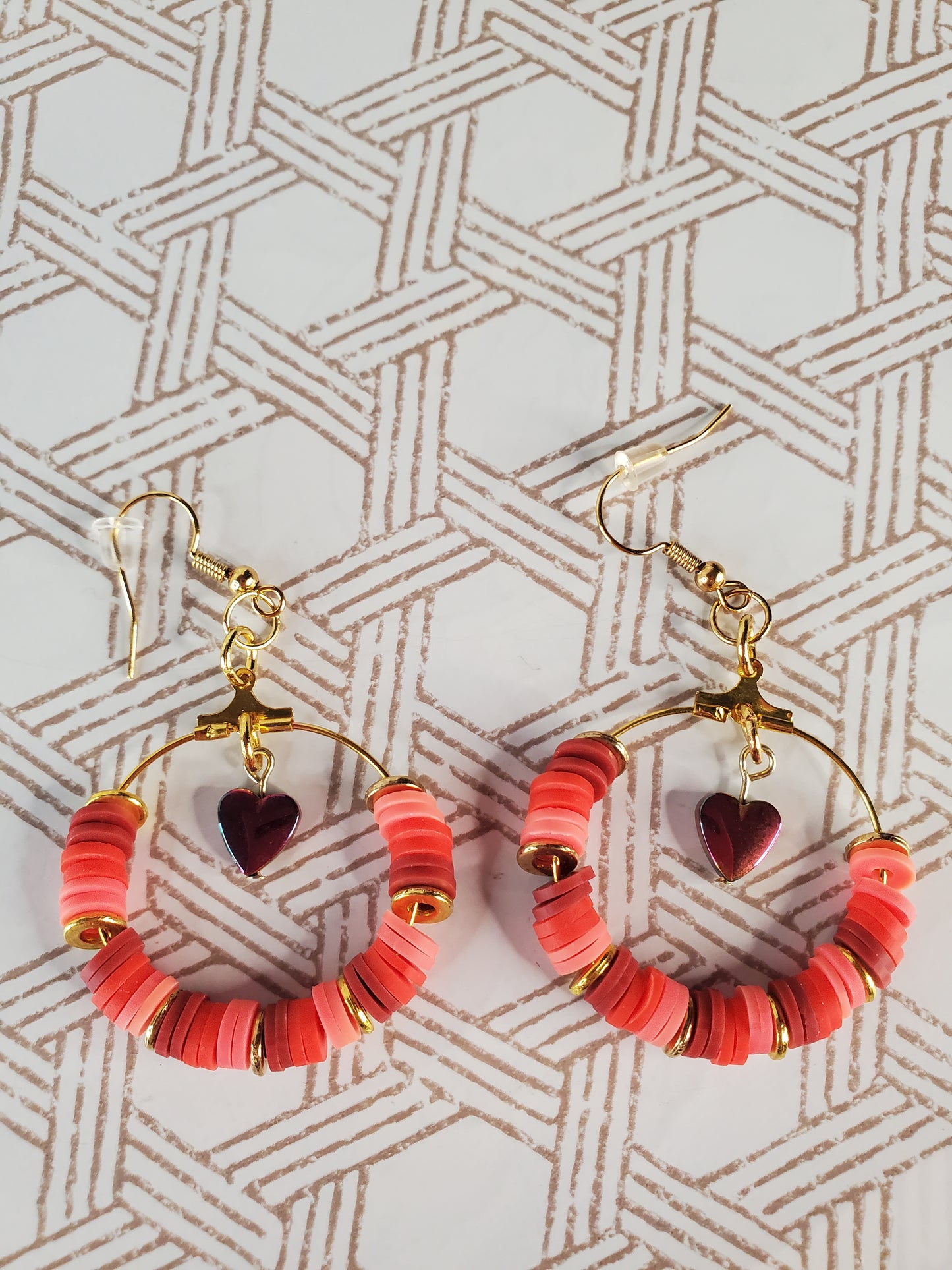 Heishi Bead Hoop Earrings - Hearts - Pink/Red/Purple