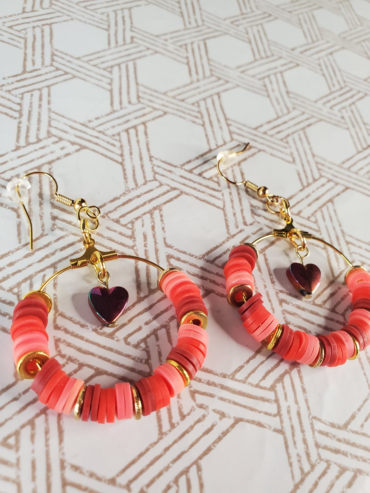 Heishi Bead Hoop Earrings - Hearts - Pink/Red/Purple