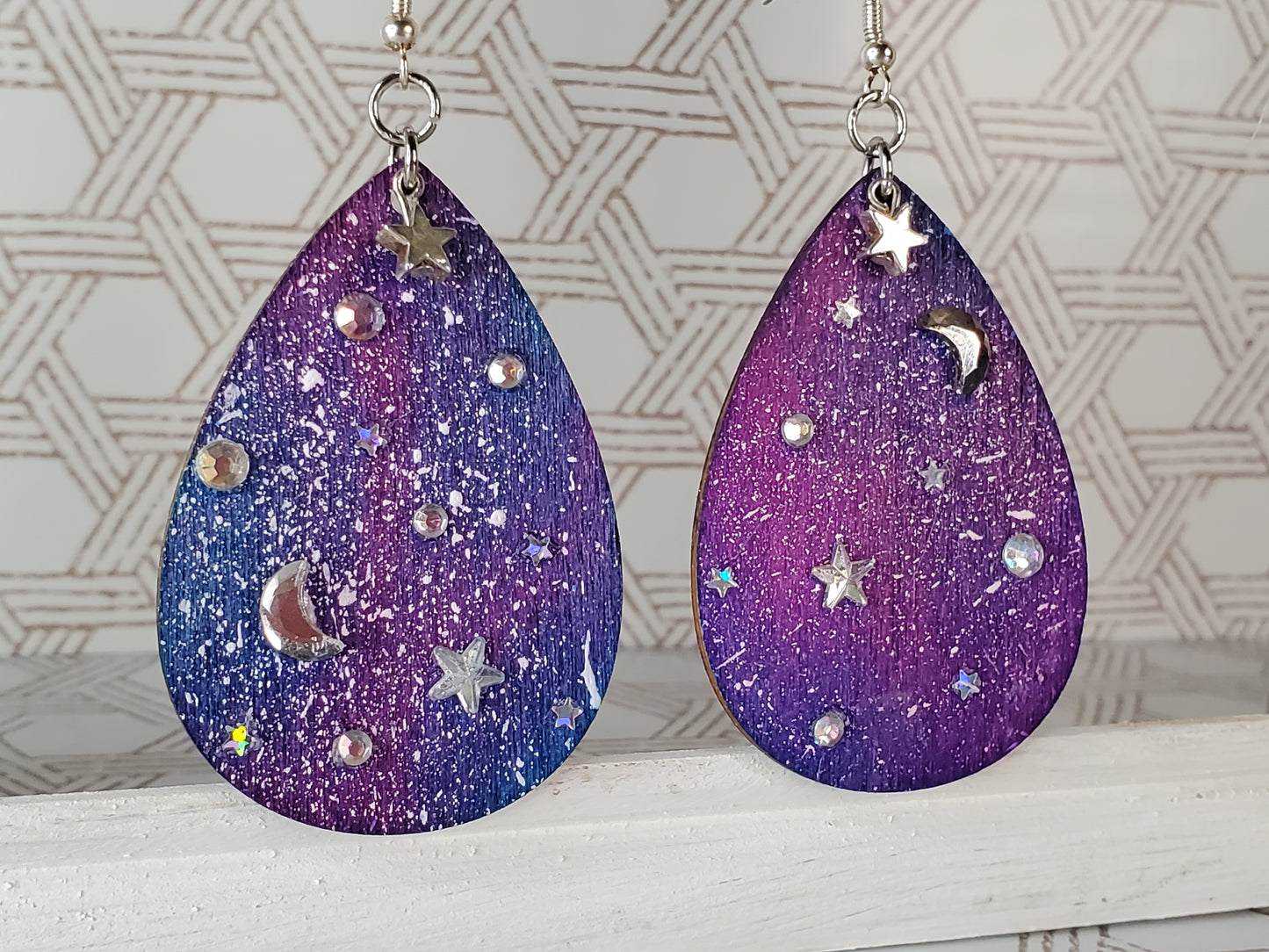 Hand-Painted Celestial Wooden Earrings