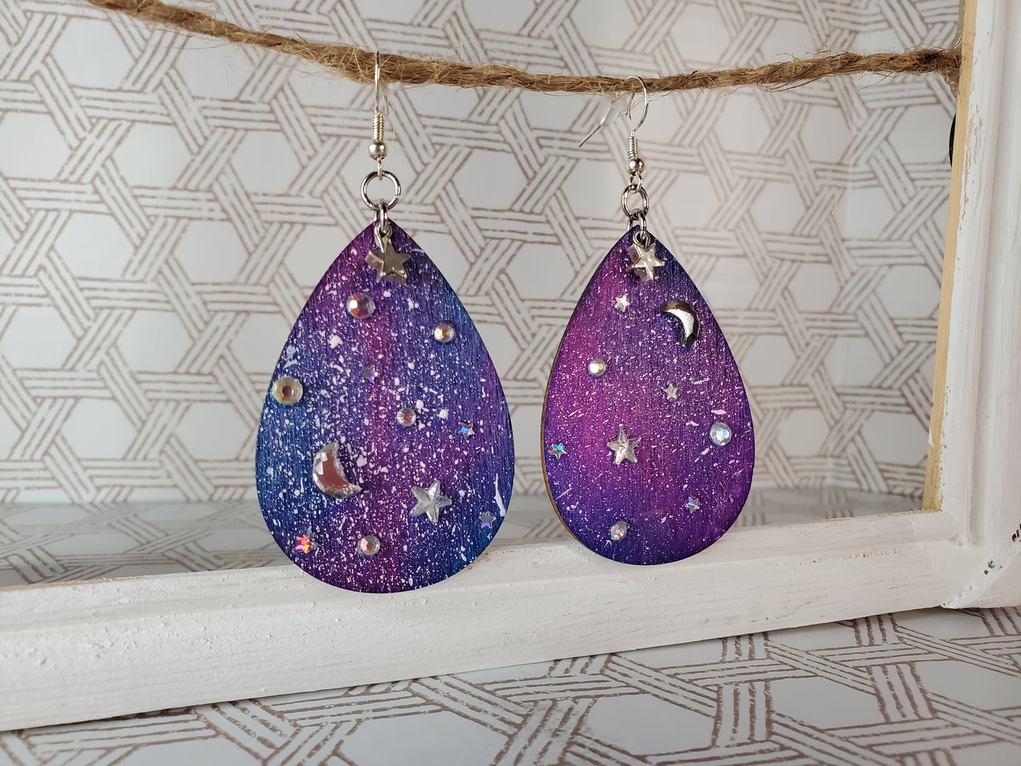 Hand-Painted Celestial Wooden Earrings