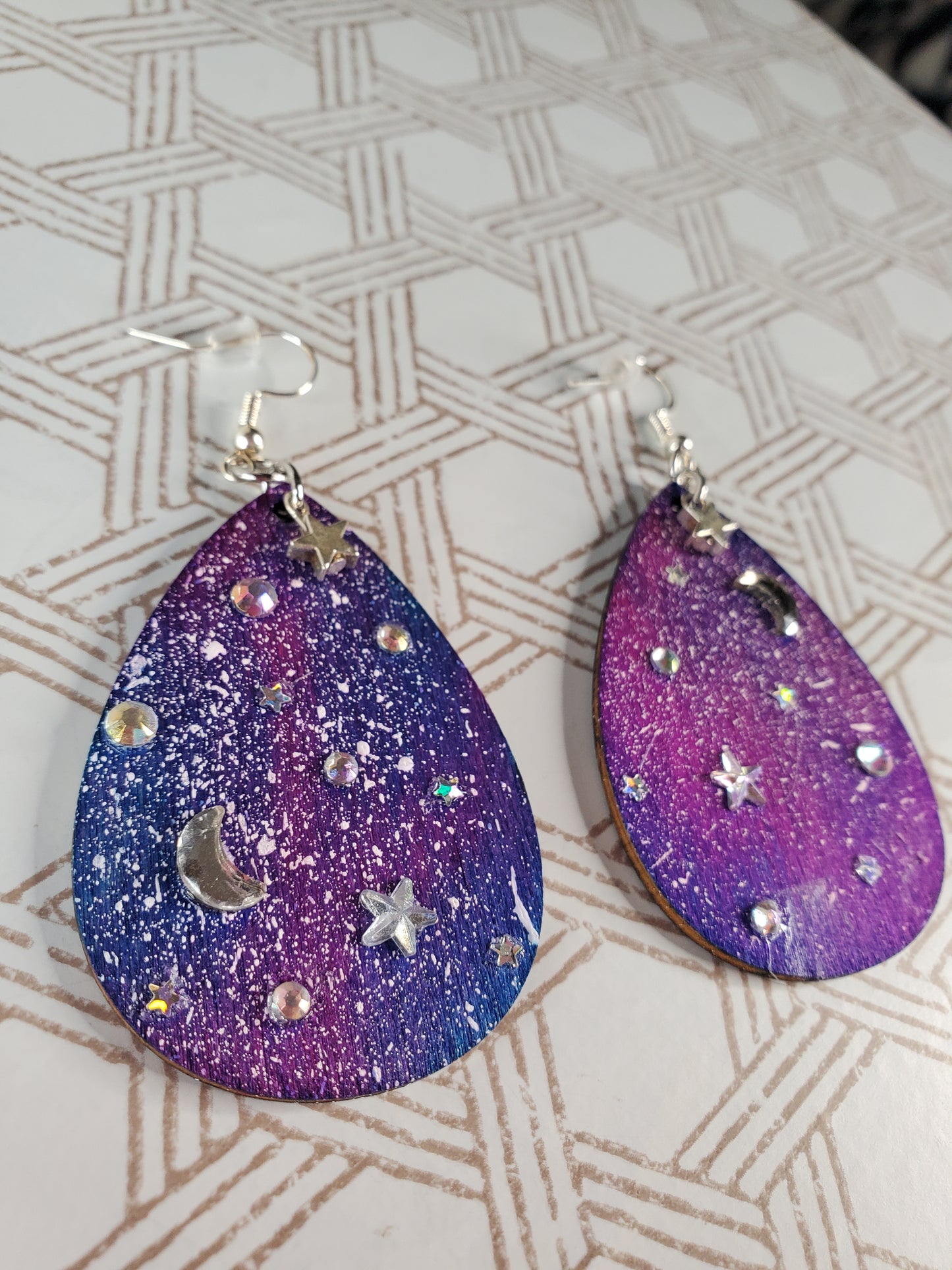 Hand-Painted Celestial Wooden Earrings