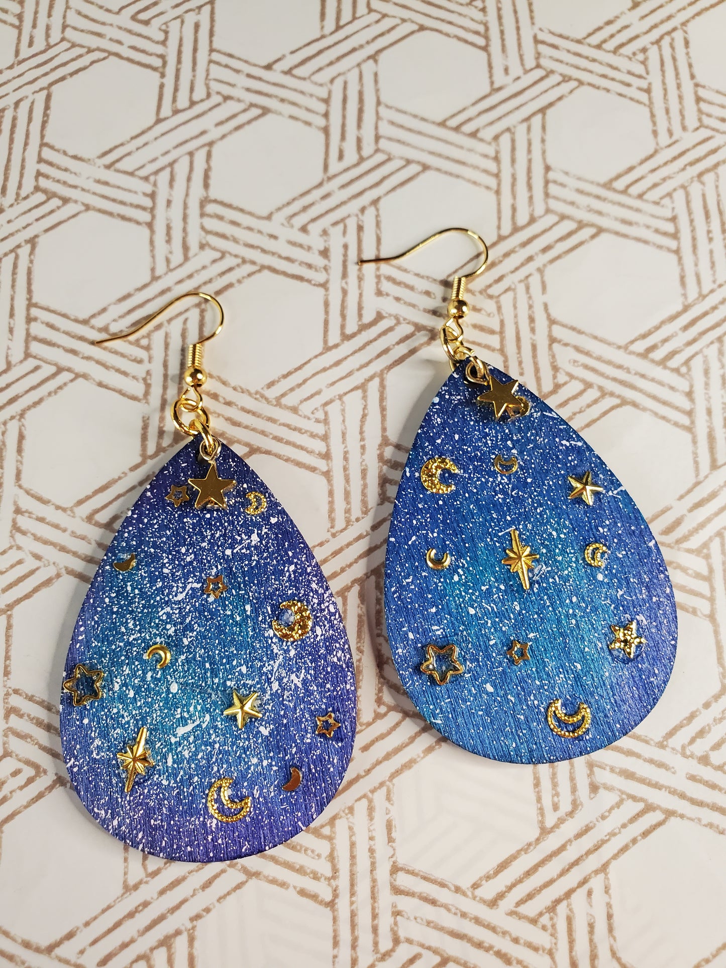 Hand-Painted Celestial Wooden Earrings