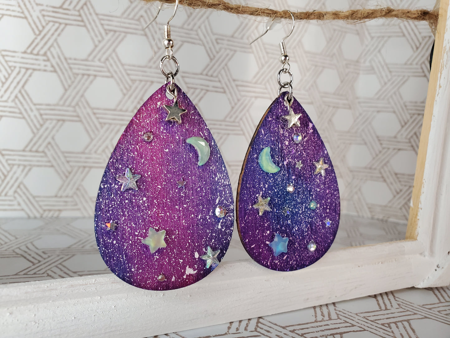 Hand-Painted Celestial Wooden Earrings