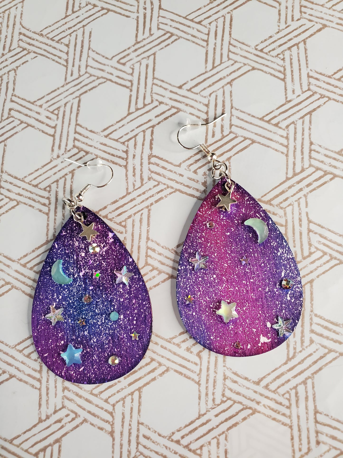 Hand-Painted Celestial Wooden Earrings